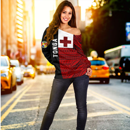 Tonga Off Shoulder Sweatshirt Flag Ngatu Pattern Style
