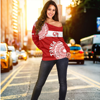 Tonga Off Shoulder Sweatshirt Kingdom of Tonga Ngatu Pattern Circle