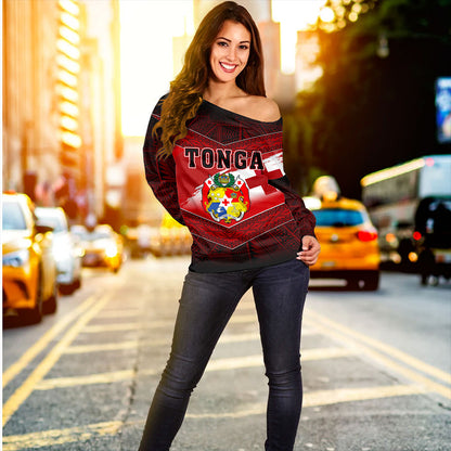 Tonga Off Shoulder Sweatshirt Tapa Ngatu Nesian Island Matching Flag Grunge