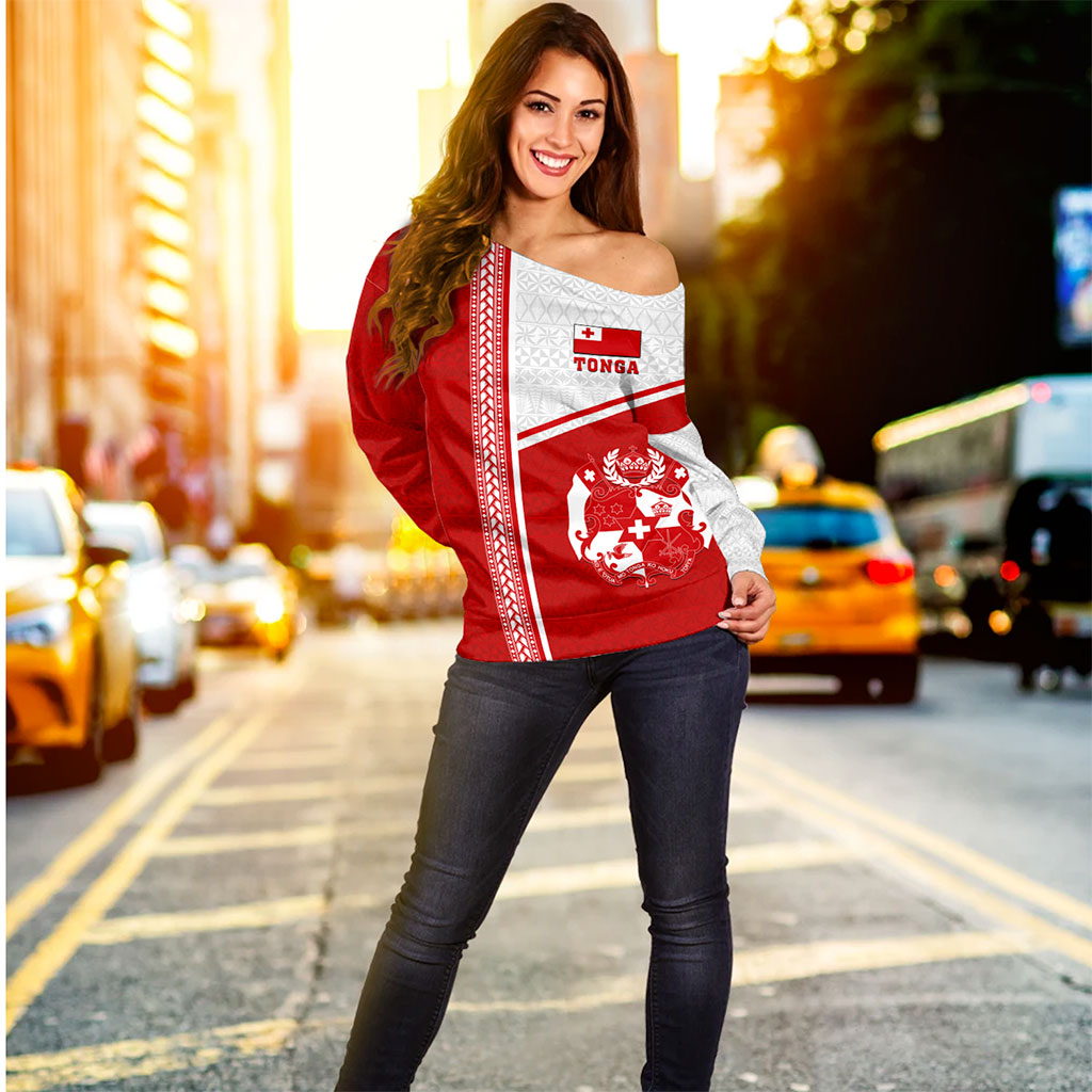 Tonga Off Shoulder Sweatshirt Custom Tribal Ngatu Design Flag