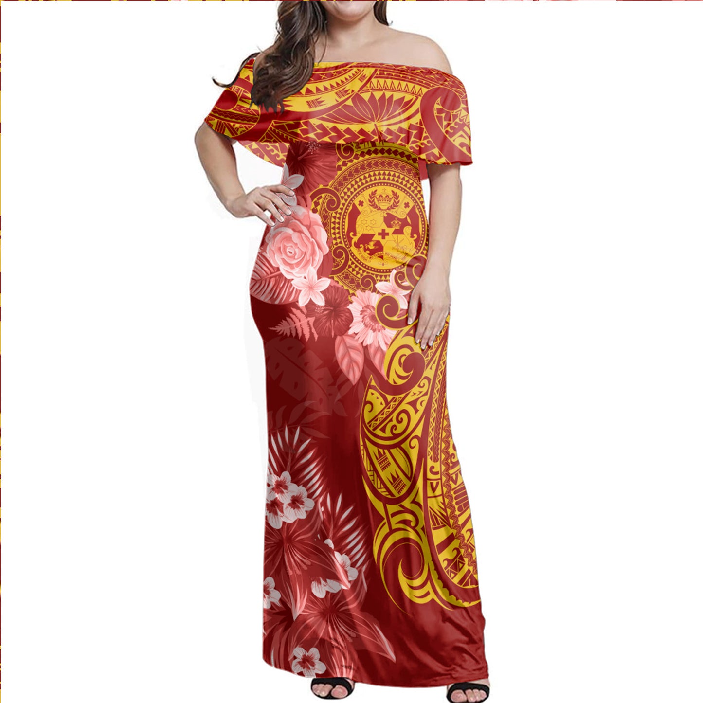 Tonga Combo Off Shoulder Long Dress And Shirt Polynesian Tropical Plumeria Tribal Red