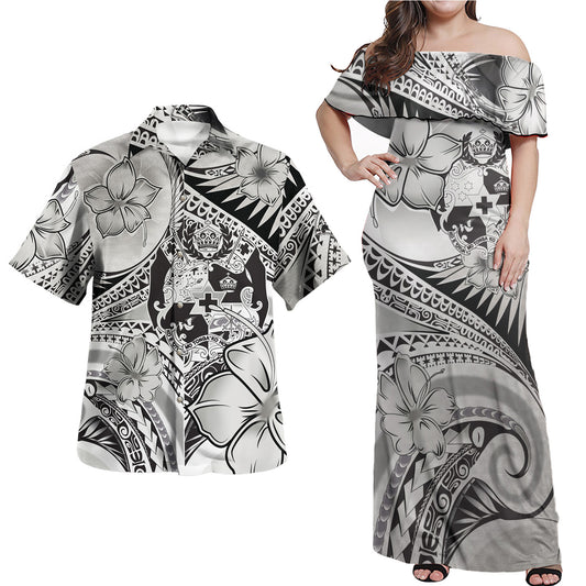 Tonga Combo Off Shoulder Long Dress And Shirt Polynesian Tribal Waves Patterns Hibiscus Flowers
