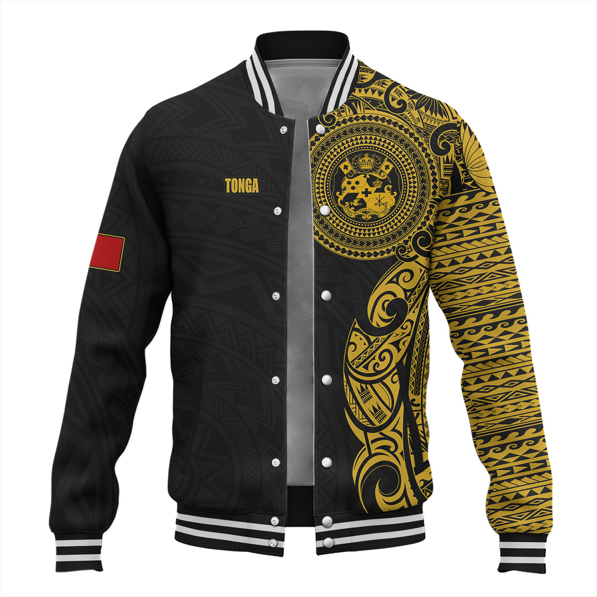 Tonga Baseball Jacket Custom Polynesian Half Sleeve Gold Tattoo With Seal Black