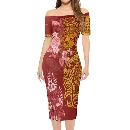 Tonga Short Sleeve Off The Shoulder Lady Dress Polynesian Tropical Plumeria Tribal Red