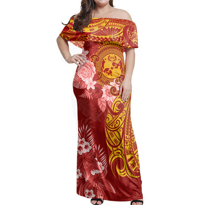 Tonga Off Shoulder Long Dress Polynesian Tropical Plumeria Tribal Red