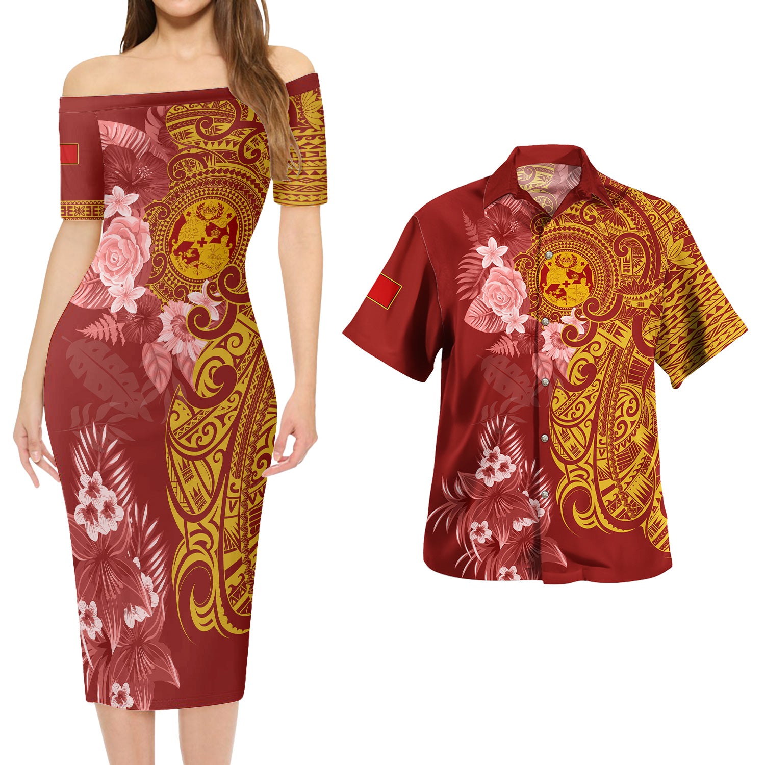 Tonga Combo Short Sleeve Dress And Shirt Polynesian Tropical Plumeria Tribal Red