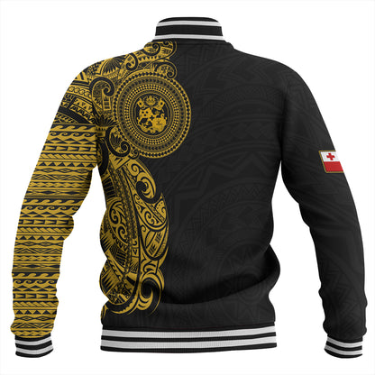 Tonga Baseball Jacket Custom Polynesian Half Sleeve Gold Tattoo With Seal Black
