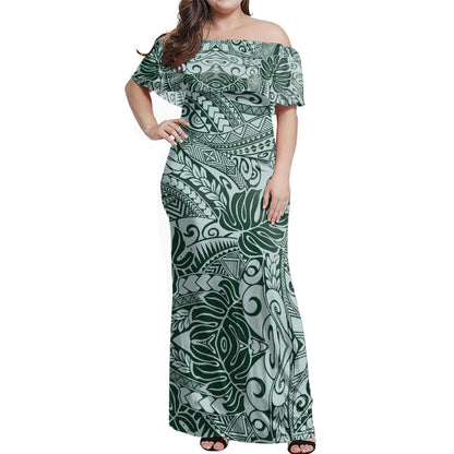 Polynesia Combo Dress And Shirt Tribal Polynesian Pattern Leaf Green