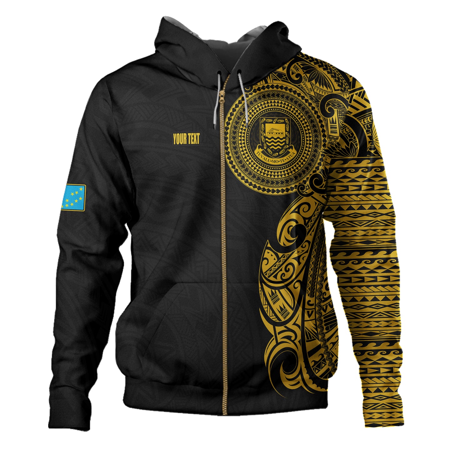 Tuvalu Hoodie Custom Polynesian Half Sleeve Gold Tattoo With Seal Black