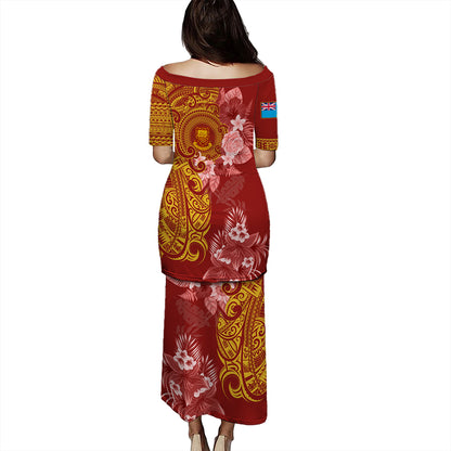 Tuvalu Combo Puletasi And Shirt Polynesian Tropical Plumeria Tribal Red