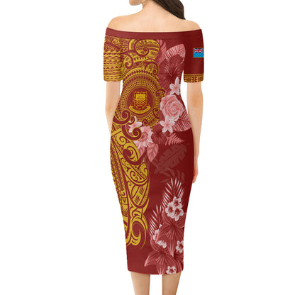Tuvalu Short Sleeve Off The Shoulder Lady Dress Polynesian Tropical Plumeria Tribal Red