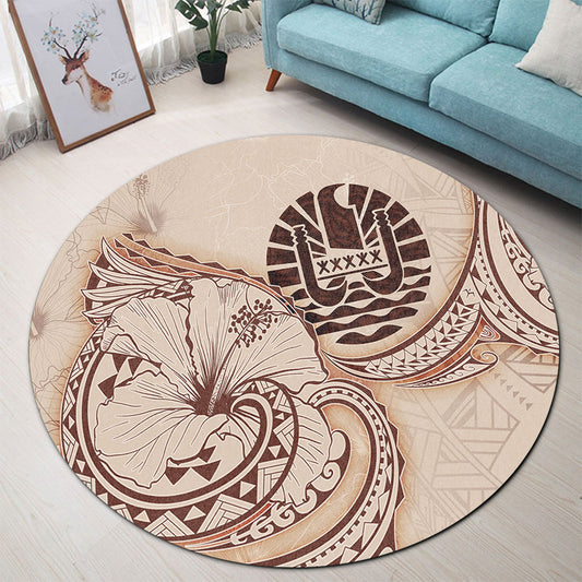 Tahiti Round Rug Hibiscus Flower Vintage Style