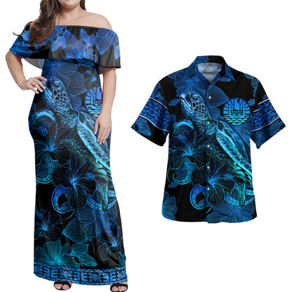 Tahiti Combo Off Shoulder Long Dress And Shirt Sea Turtle With Blooming Hibiscus Flowers Tribal Blue