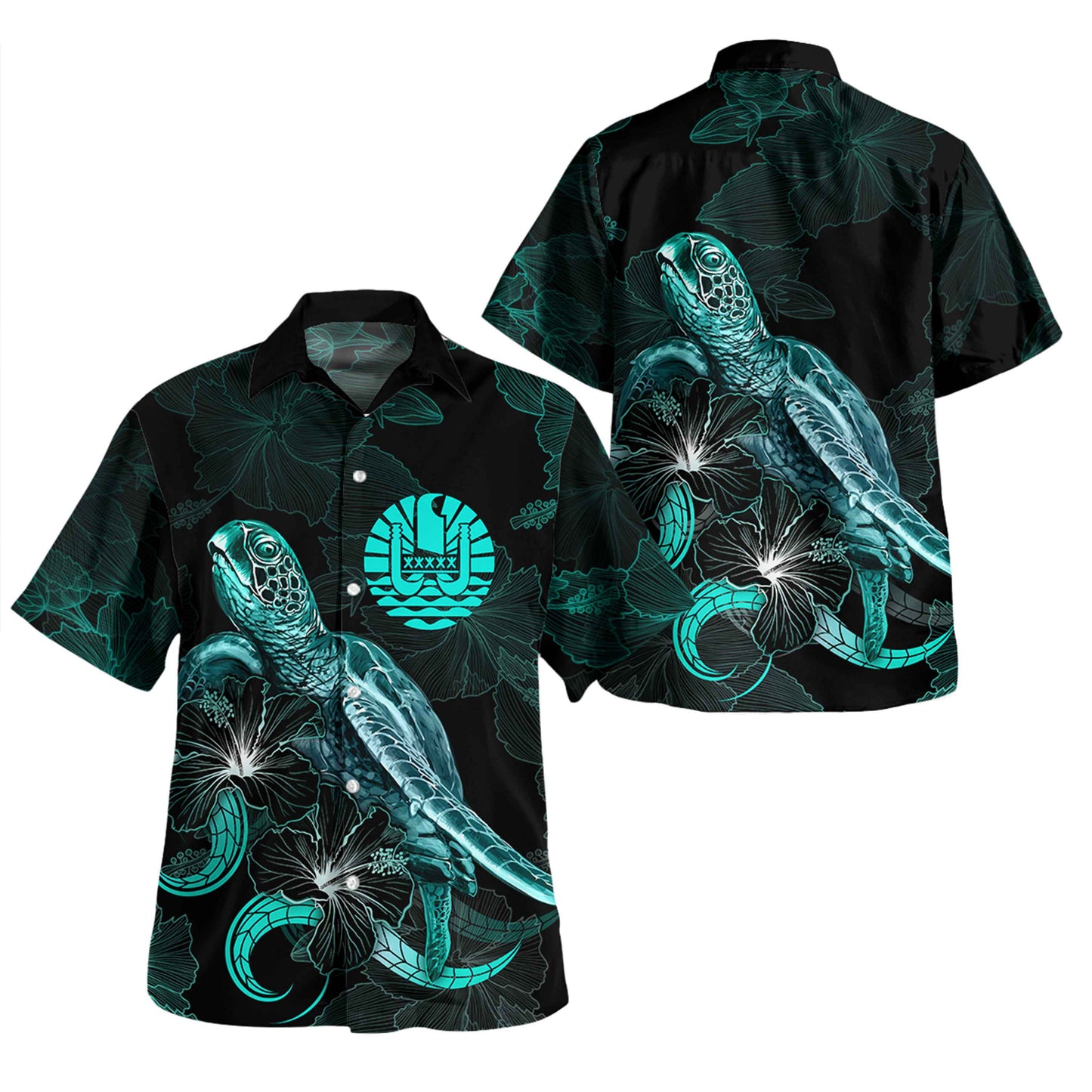 Tahiti Combo Dress And Shirt - Tahiti Coat Of Arms With Polynesian Turtle Blooming Hibiscus Turquoise