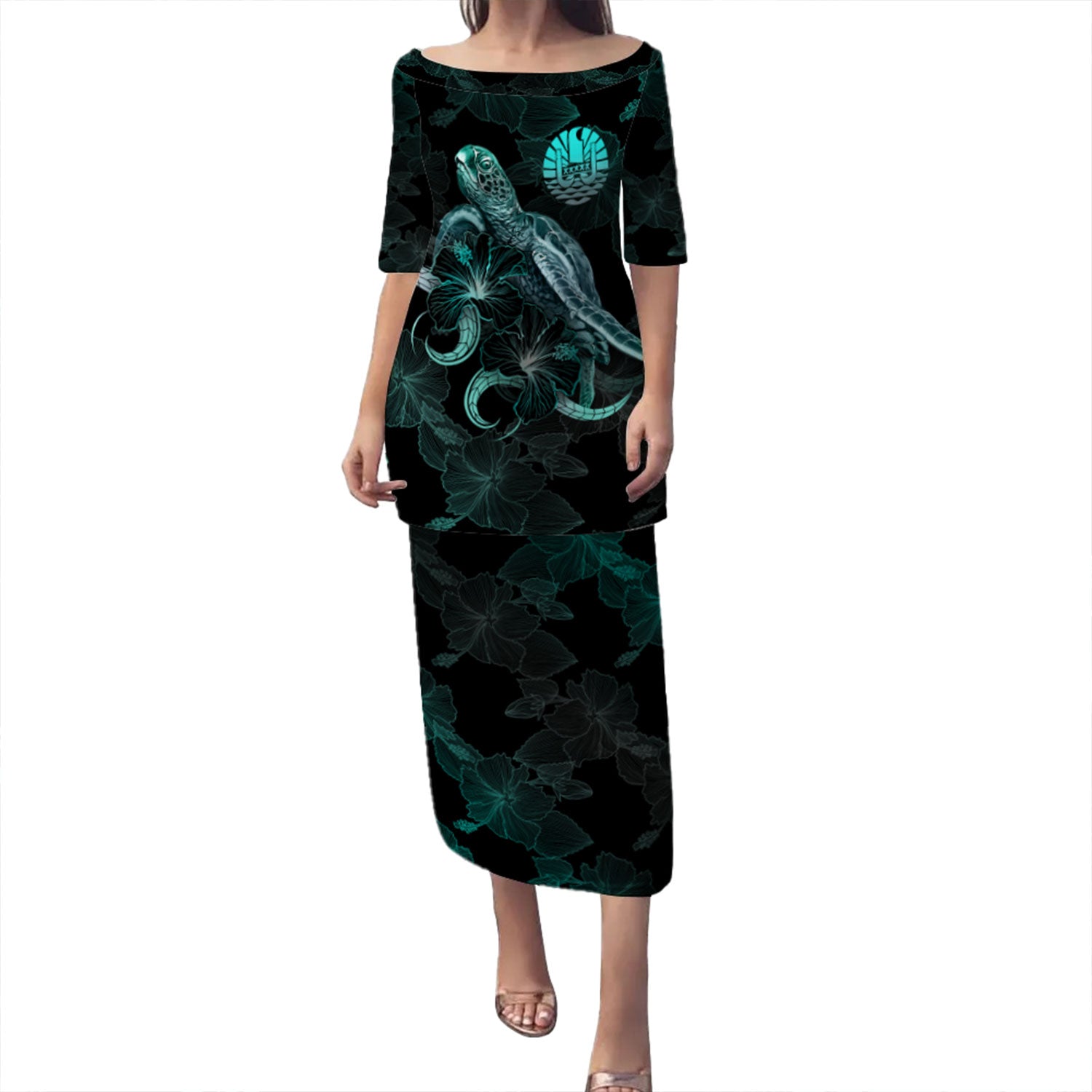 French Polynesia Puletasi - Sea Turtle With Blooming Hibiscus Flowers Turquoise