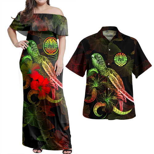 French Polynesia Combo Dress And Shirt - Sea Turtle With Blooming Hibiscus Flowers Reggae