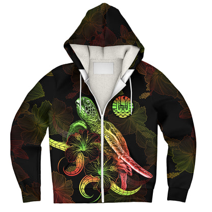French Polynesia Sherpa Hoodie Sea Turtle With Blooming Hibiscus Flowers Reggae