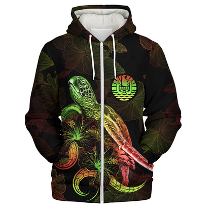 French Polynesia Sherpa Hoodie Sea Turtle With Blooming Hibiscus Flowers Reggae