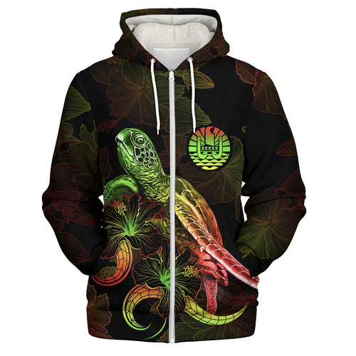 French Polynesia Sherpa Hoodie Sea Turtle With Blooming Hibiscus Flowers Reggae