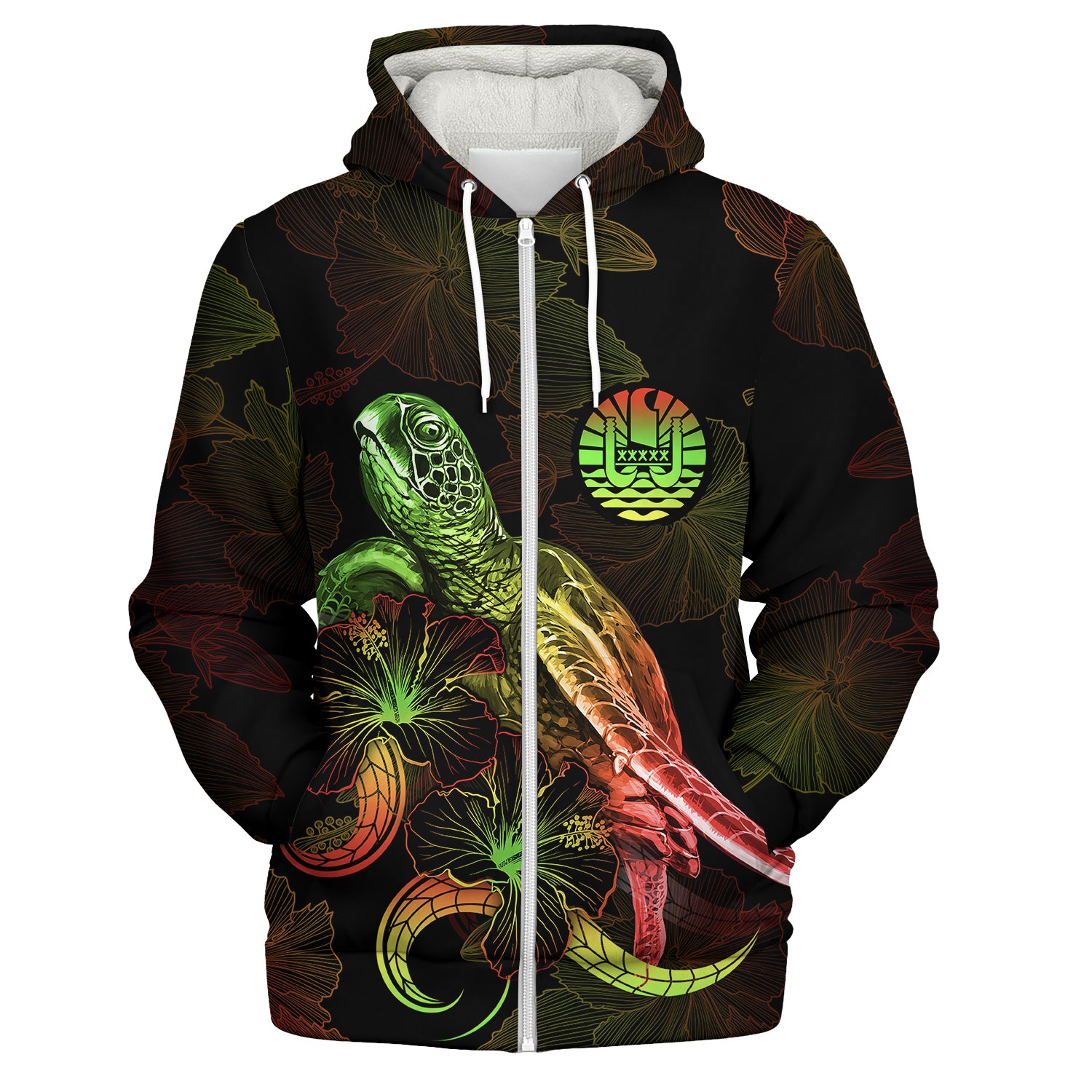 Tahiti Sherpa Hoodie Sea Turtle With Blooming Hibiscus Flowers Reggae