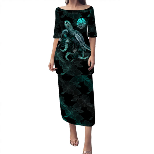 Tahiti Puletasi - Sea Turtle With Blooming Hibiscus Flowers Turquoise