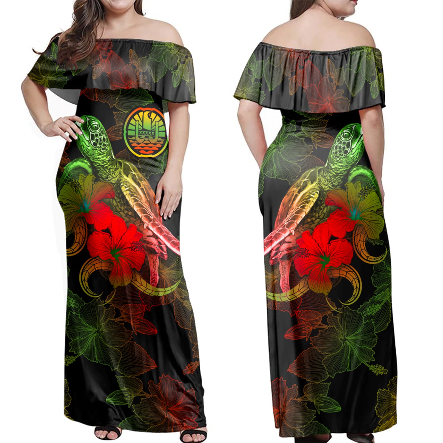 French Polynesia Woman Off Shoulder Long Dress - Sea Turtle With Blooming Hibiscus Flowers Reggae
