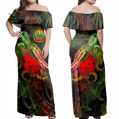French Polynesia Woman Off Shoulder Long Dress - Sea Turtle With Blooming Hibiscus Flowers Reggae