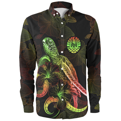 Tahiti Long Sleeve Shirt Sea Turtle With Blooming Hibiscus Flowers Reggae