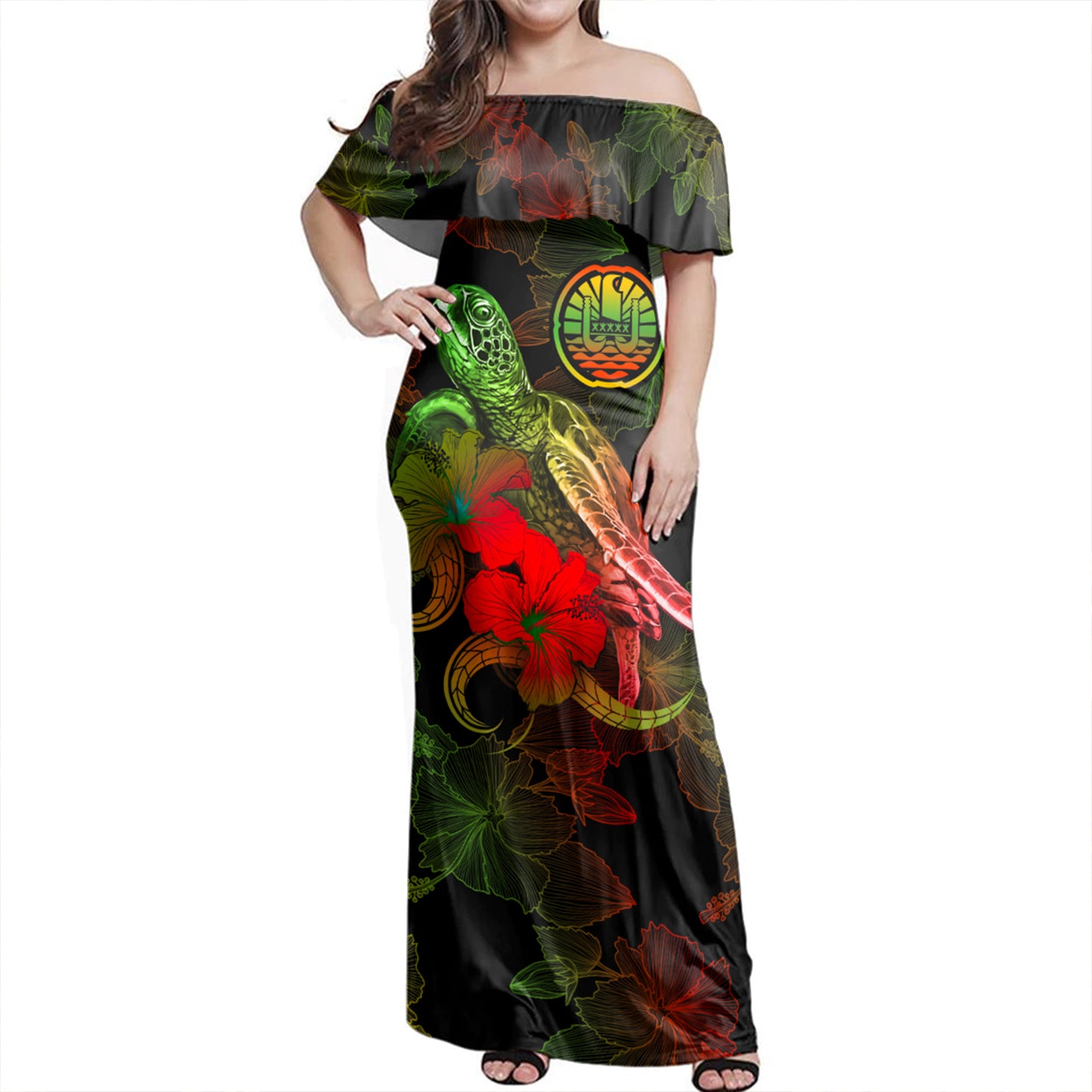 French Polynesia Woman Off Shoulder Long Dress - Sea Turtle With Blooming Hibiscus Flowers Reggae