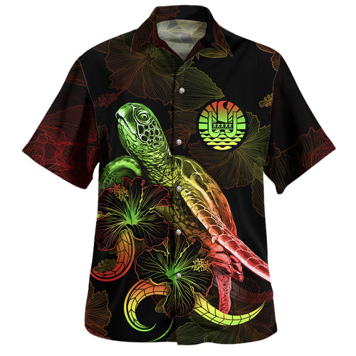 Tahiti Hawaiian Shirt Sea Turtle With Blooming Hibiscus Flowers Reggae