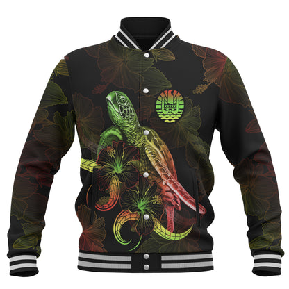 Tahiti Baseball Jacket Sea Turtle With Blooming Hibiscus Flowers Reggae