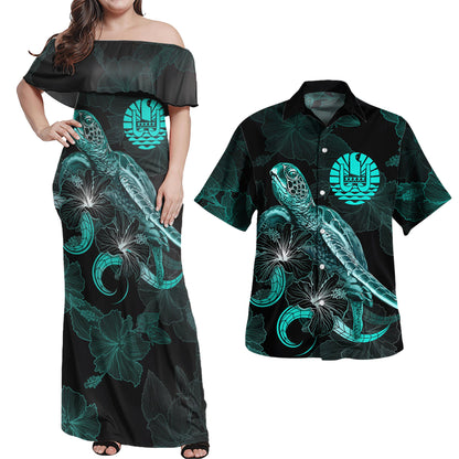Tahiti Combo Dress And Shirt - Tahiti Coat Of Arms With Polynesian Turtle Blooming Hibiscus Turquoise