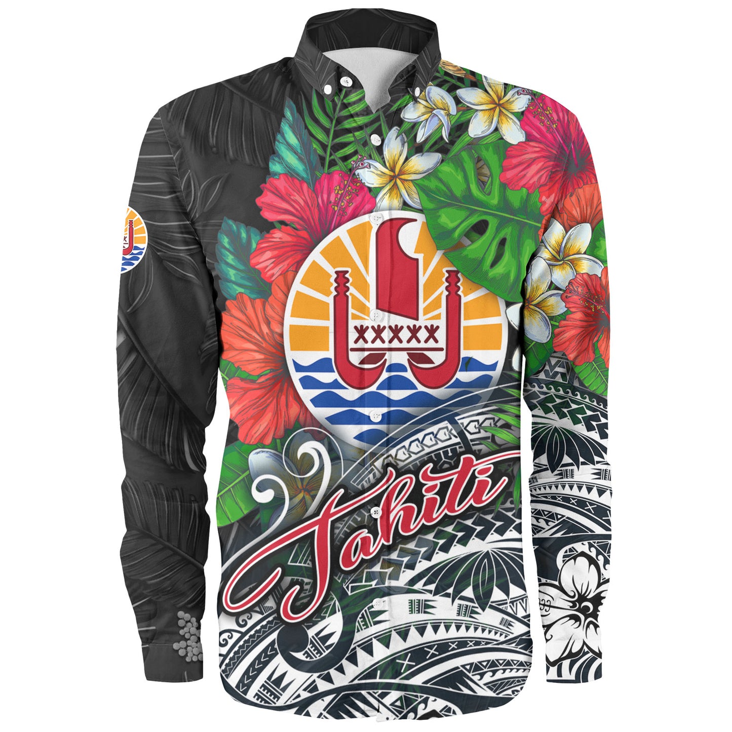 Tahiti Custom Personalised Long Sleeve Shirt Hibiscus And Plumeria With Palm Branches Vintage Style