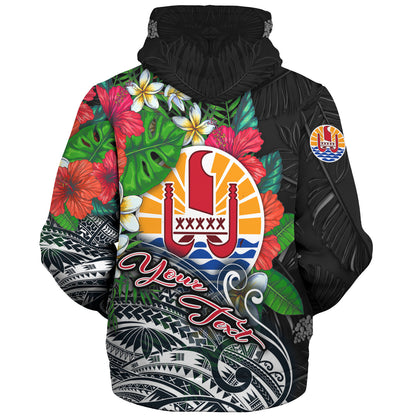 Tahiti Custom Personalised Sherpa Hoodie Hibiscus And Plumeria With Palm Branches Vintage Style