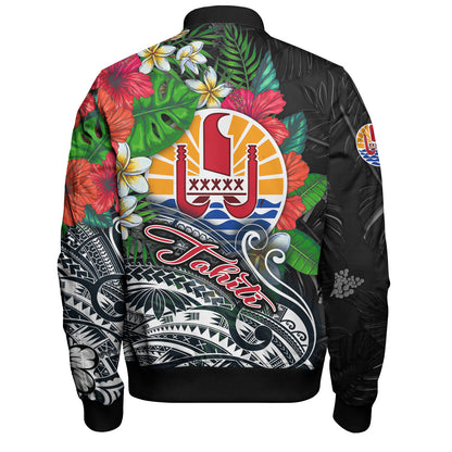 Tahiti Custom Personalised Bomber Jacket Hibiscus And Plumeria With Palm Branches Vintage Style
