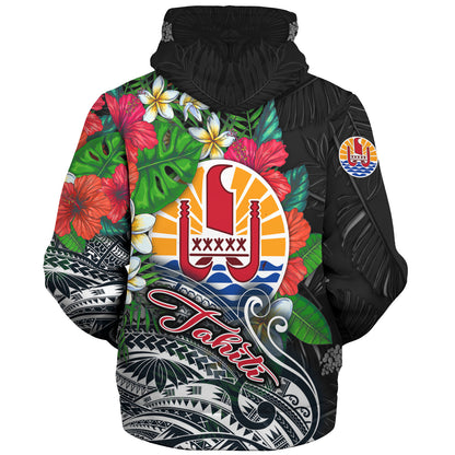 Tahiti Custom Personalised Sherpa Hoodie Hibiscus And Plumeria With Palm Branches Vintage Style