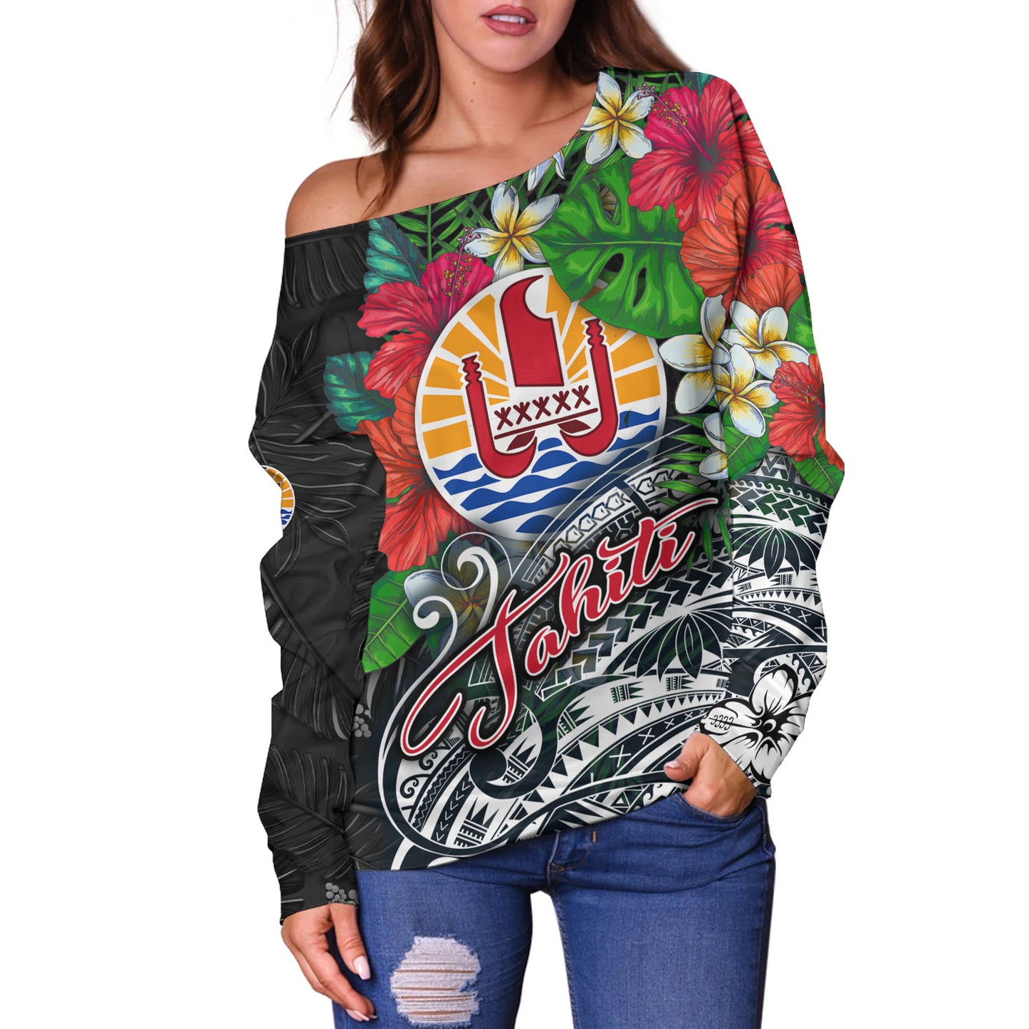 Tahiti Custom Personalised Off Shoulder Sweatshirt Hibiscus And Plumeria With Palm Branches Vintage Style