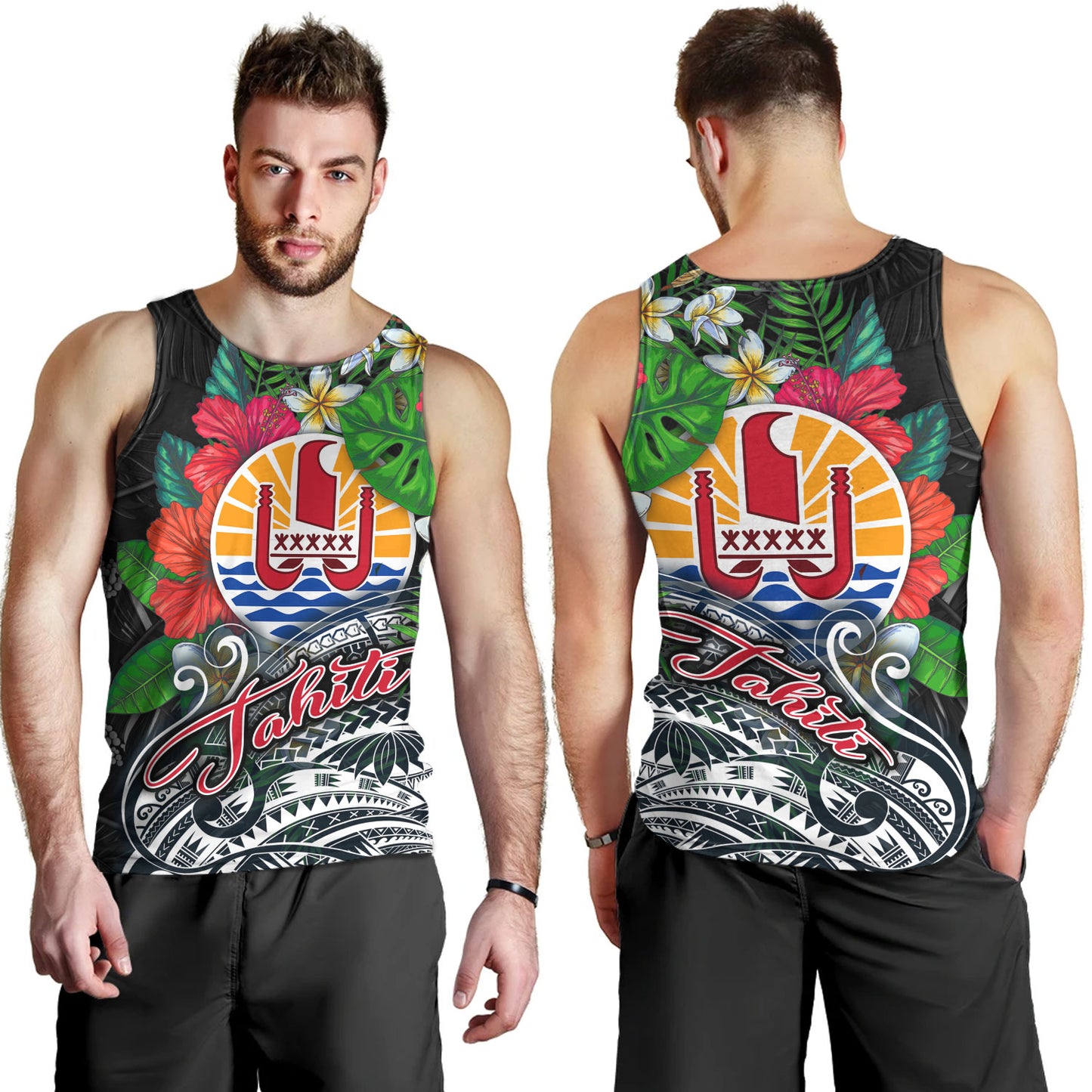 Tahiti Custom Personalised Tank Top Hibiscus And Plumeria With Palm Branches Vintage Style