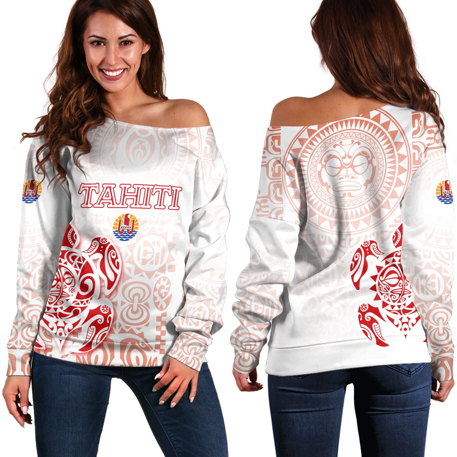 Tahiti Off Shoulder Sweatshirt Tahitian Tribal Tattoos Style