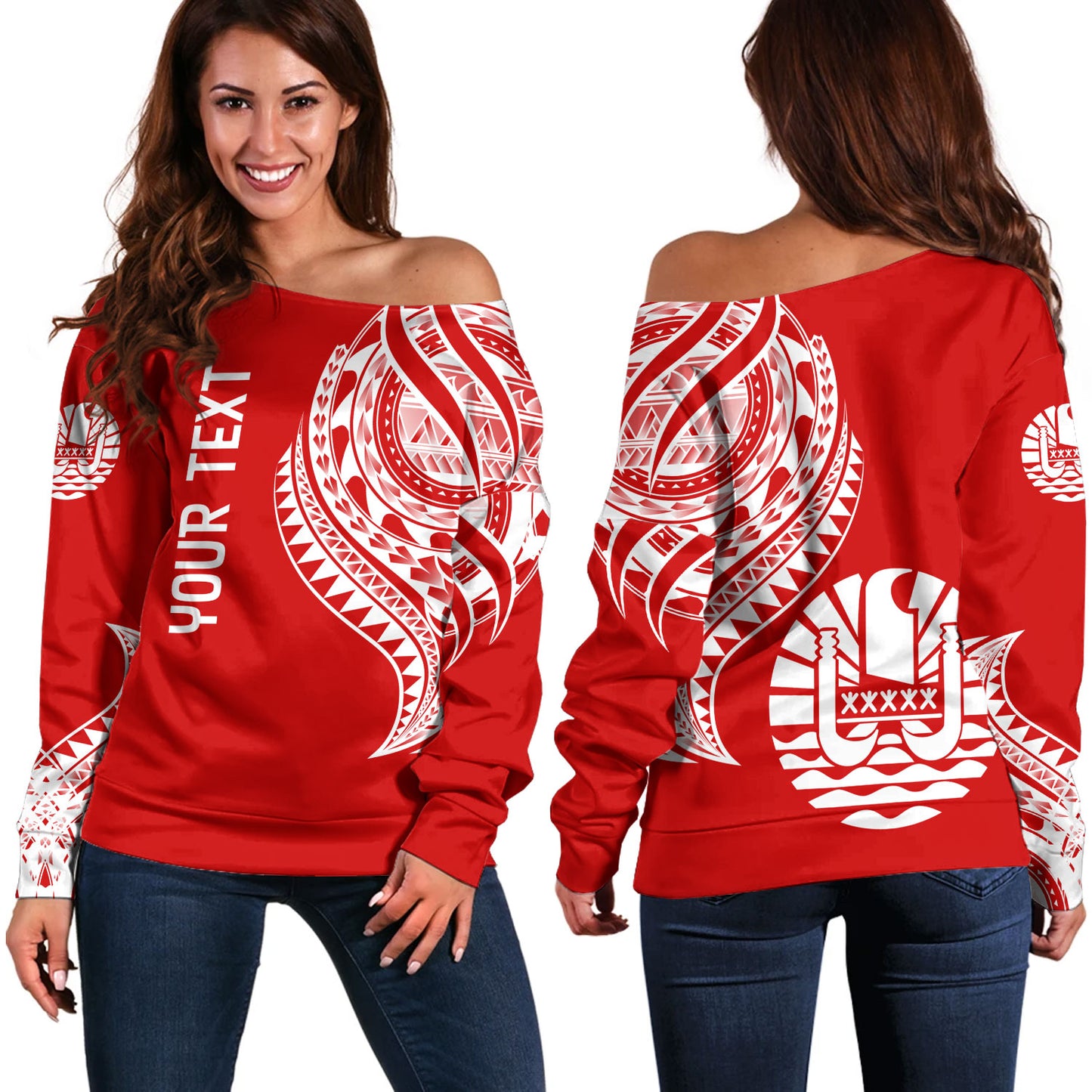Tahiti Custom Personalised Off Shoulder Sweatshirt Tatau White Patterns With Coat Of Arms