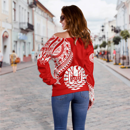Tahiti Custom Personalised Off Shoulder Sweatshirt Tatau White Patterns With Coat Of Arms