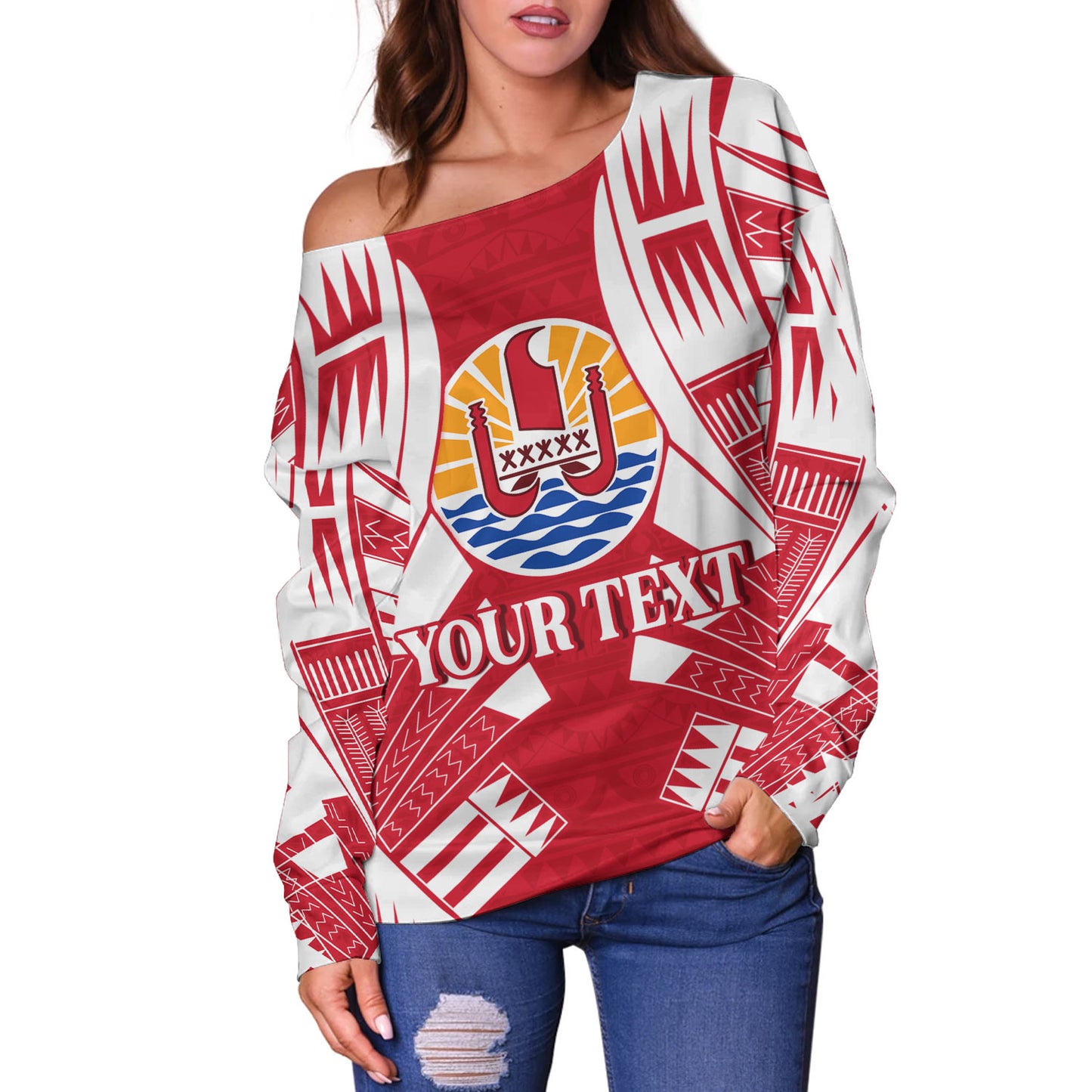 Tahiti Custom Personalised Off Shoulder Sweatshirt Tattoo Style