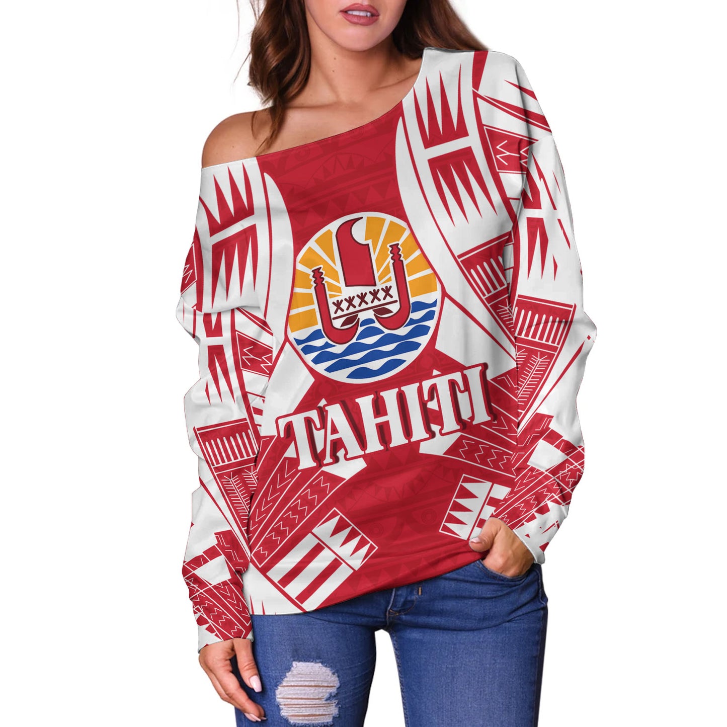 Tahiti Custom Personalised Off Shoulder Sweatshirt Tattoo Style