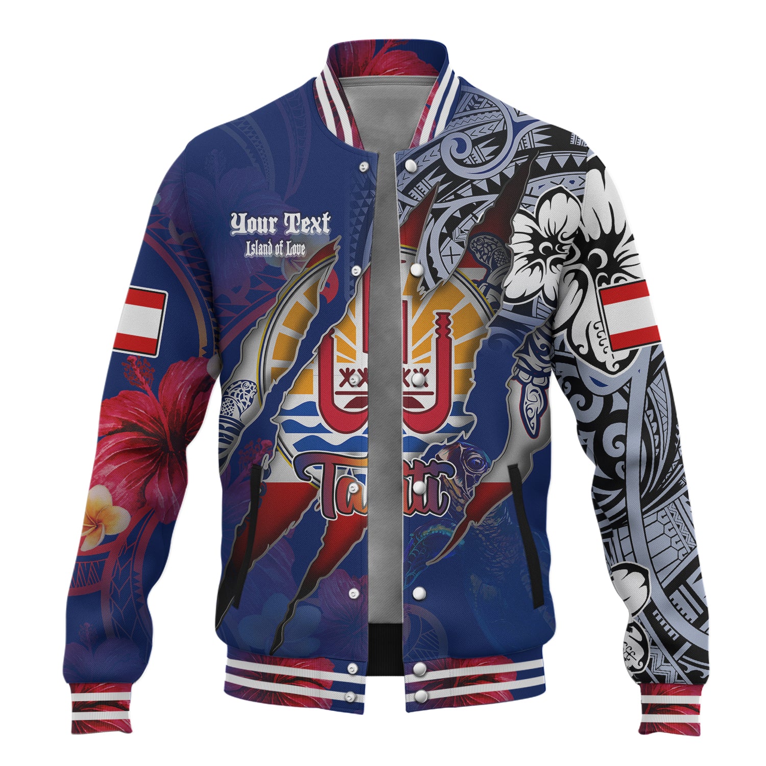 Tahiti Baseball Jacket Custom Tahitian Blood Inside Me Polynesian Sleeve Tattoo Tropical Blue