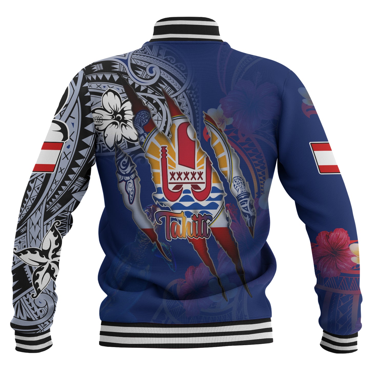 Tahiti Baseball Jacket Custom Tahitian Blood Inside Me Polynesian Sleeve Tattoo Tropical Blue