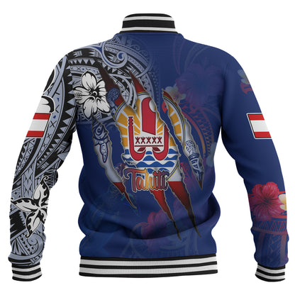 Tahiti Baseball Jacket Custom Tahitian Blood Inside Me Polynesian Sleeve Tattoo Tropical Blue