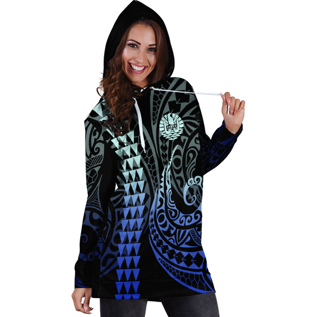 Tahiti Hoodie Dress Kakau Style Gradient Blue