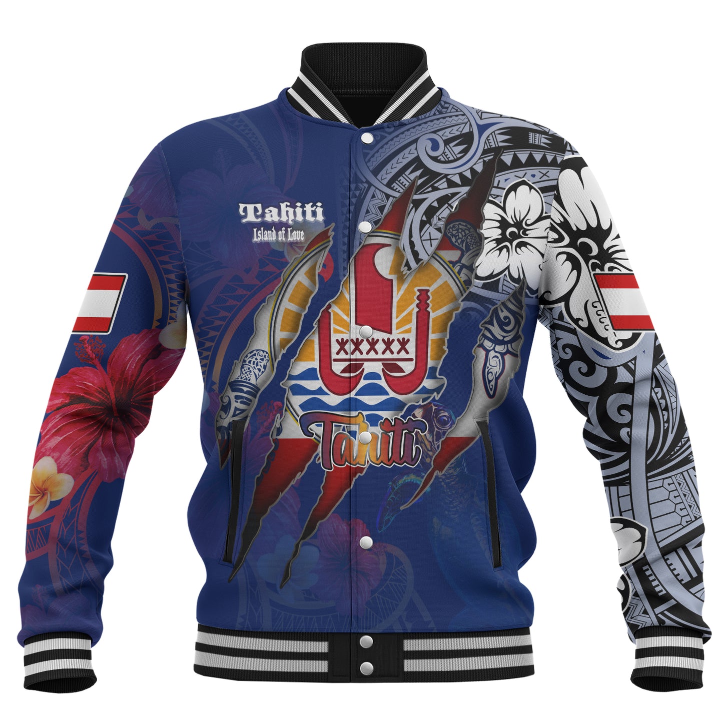 Tahiti Baseball Jacket Custom Tahitian Blood Inside Me Polynesian Sleeve Tattoo Tropical Blue