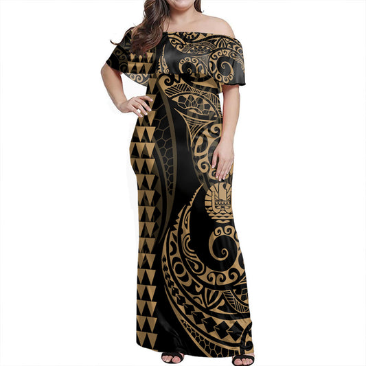 Tahiti Off Shoulder Long Dress Kakau Style Gold