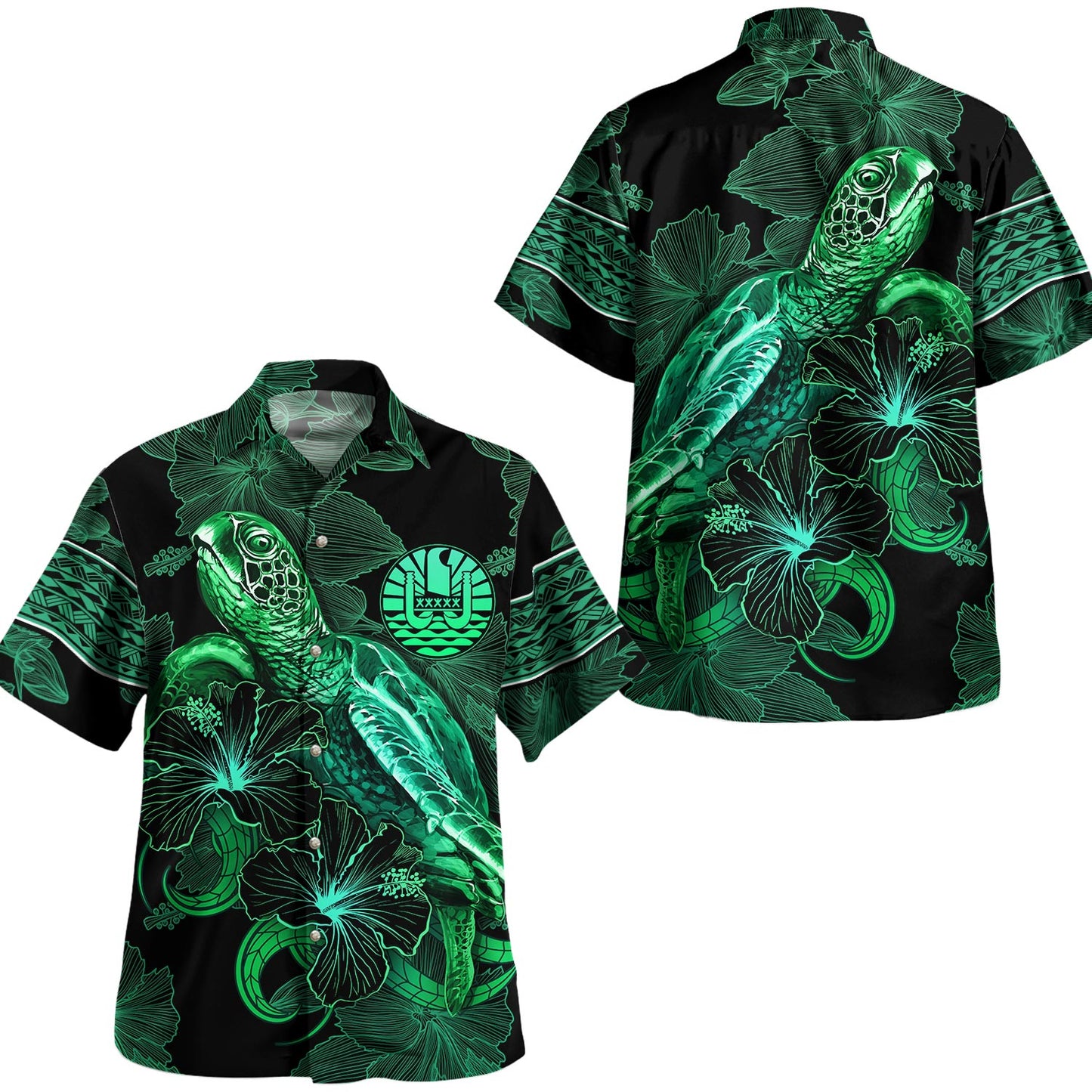 Gambier Islands Hawaiian Shirt  Sea Turtle With Blooming Hibiscus Flowers Tribal Green